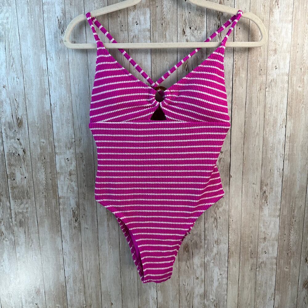 Lucky Brand One-piece Swimsuit Women S Hot Pink‎ Keyhole Stripe Textured Beachy - Picture 2 of 9